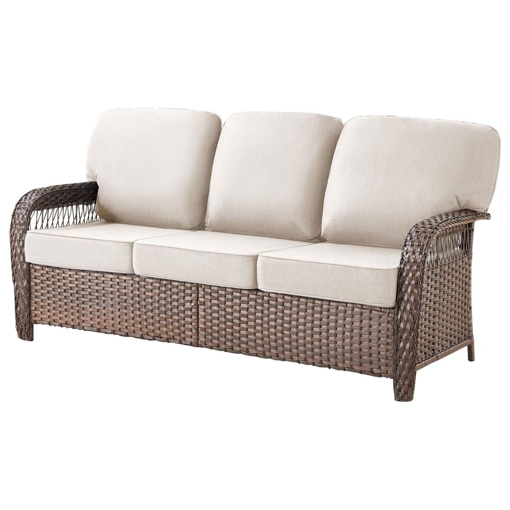 Hearth and Haven Outdoor Sofa with T-back Cushions and Brown Wicker in Beige, , large