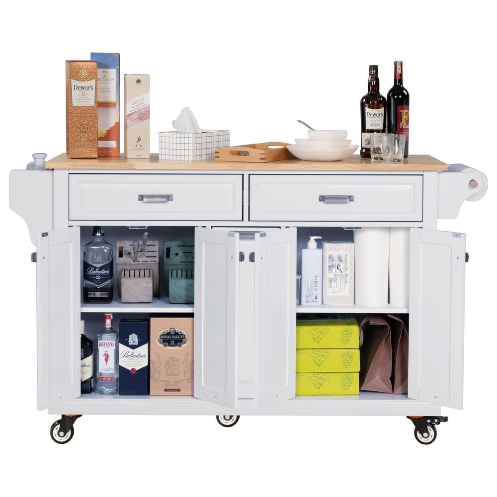 HOMLUX Kitchen Island with Rubber wood Countertop in White, , large