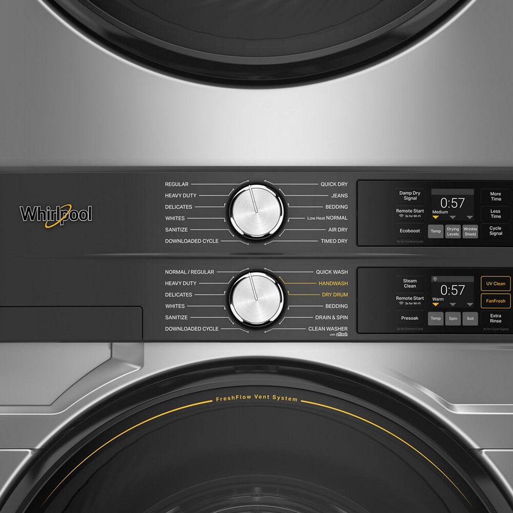 Whirlpool 4.5 Cu. Ft. Smart Front Load Washer and 7.4 Cu. Ft. Electric Dryer Stack Laundry in Radiant Silver, , large