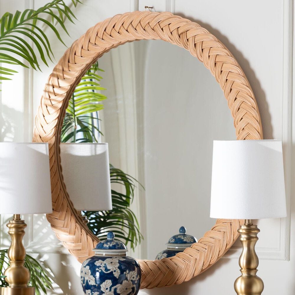 Baxton Studio Nara Round Wall Mirror in Light Honey, , large