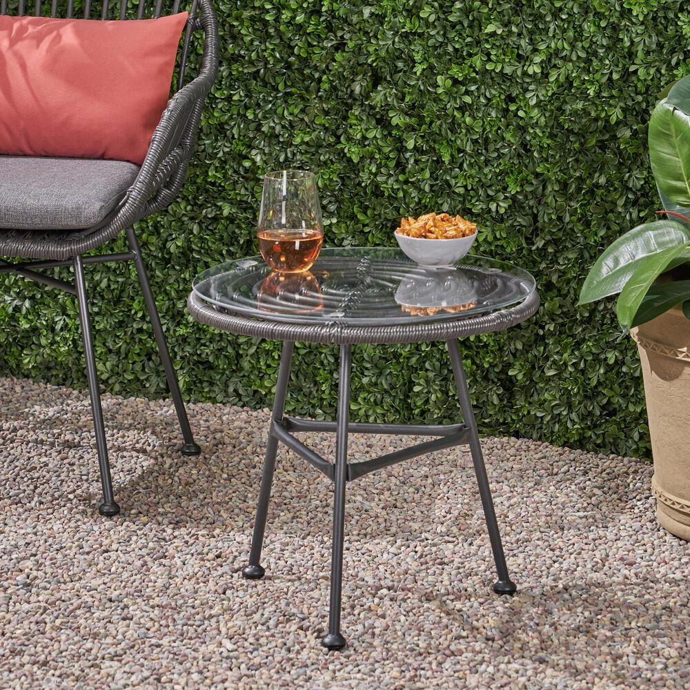 Hearth and Haven Orlando Outdoor Round Side Table with Glass Top in Gray, , large