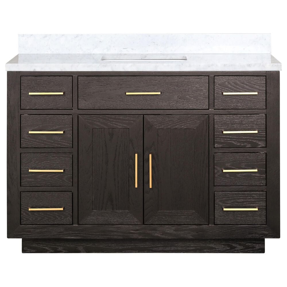 Lexora Home Abbey 48&quot; Single Bathroom Vanity in Brown Oak with 2 cm White Carrara Marble Top and Rectangular Sink, , large