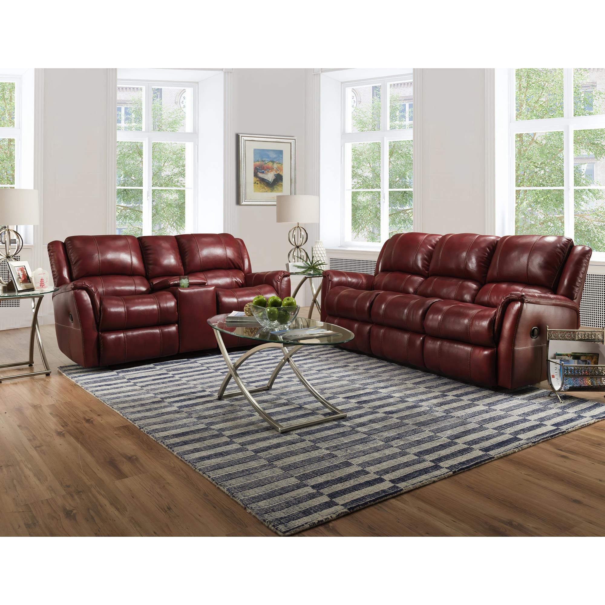Red leather reclining best sale loveseat with console