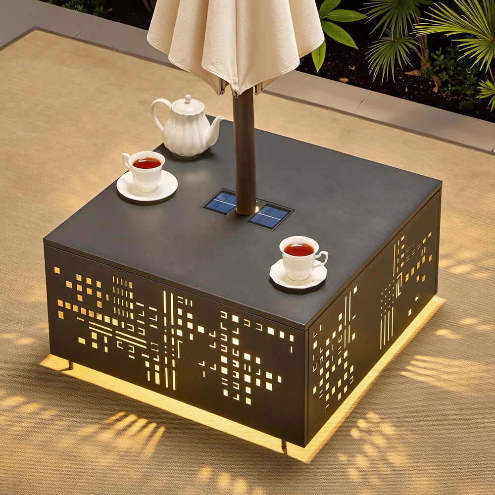 HOMLUX Patio Coffee Table with Solar Lighting in Dark Gray, , large