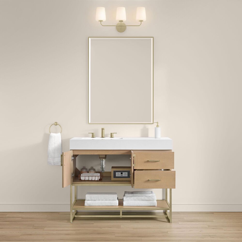 37B Mauri 42" Single Bathroom Vanity with Metal Base in Warm Oak with High-Profile 4" White Composite Stone Top, , large