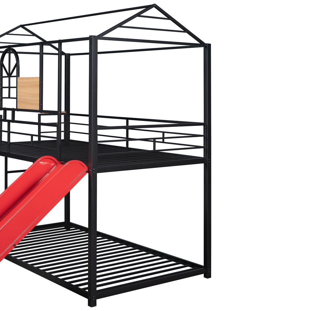 Hearth and Haven Twin over Twin House Bunk Bed with Built-in Slide in Black and Red, , large