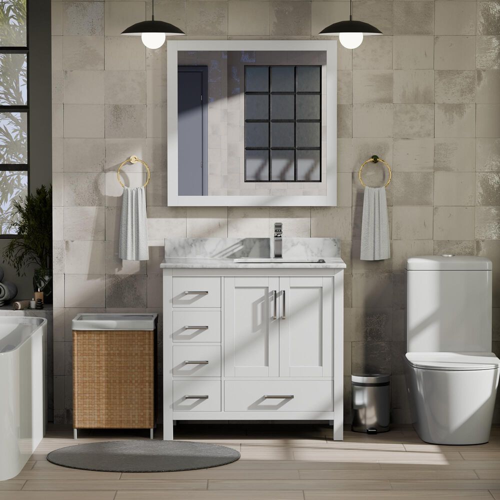 Lexora Home Jacques 36&quot; Right Offset Single Bathroom Vanity in White with 2 cm White Carrara Marble Top and Rectangular Sink, , large