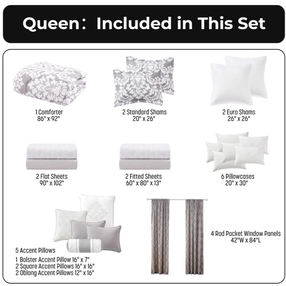 Jiangsu Royal Home Rosalia Damask 24-Piece Queen Bed-in-a-Bag Microfiber Comforter Set in Gray, , large