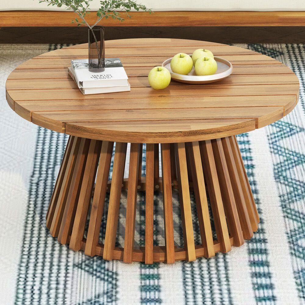 Hearth and Haven Outdoor Round Coffee Table with Slatted Base in Teak, , large
