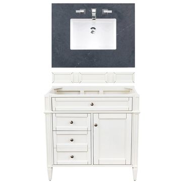 James Martin Brittany 36" Single Bathroom Vanity in Bright White with 3 cm Charcoal Soapstone Quartz Top and Rectangle Sink, , large