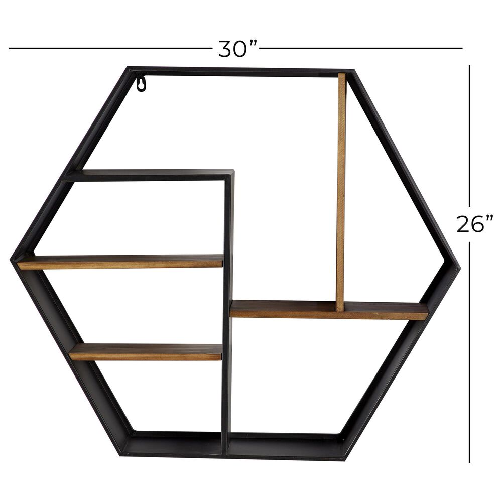 Maple and Jade 30&quot; Hexagon Wall Shelf in Matte Black and Varnished Brown, , large