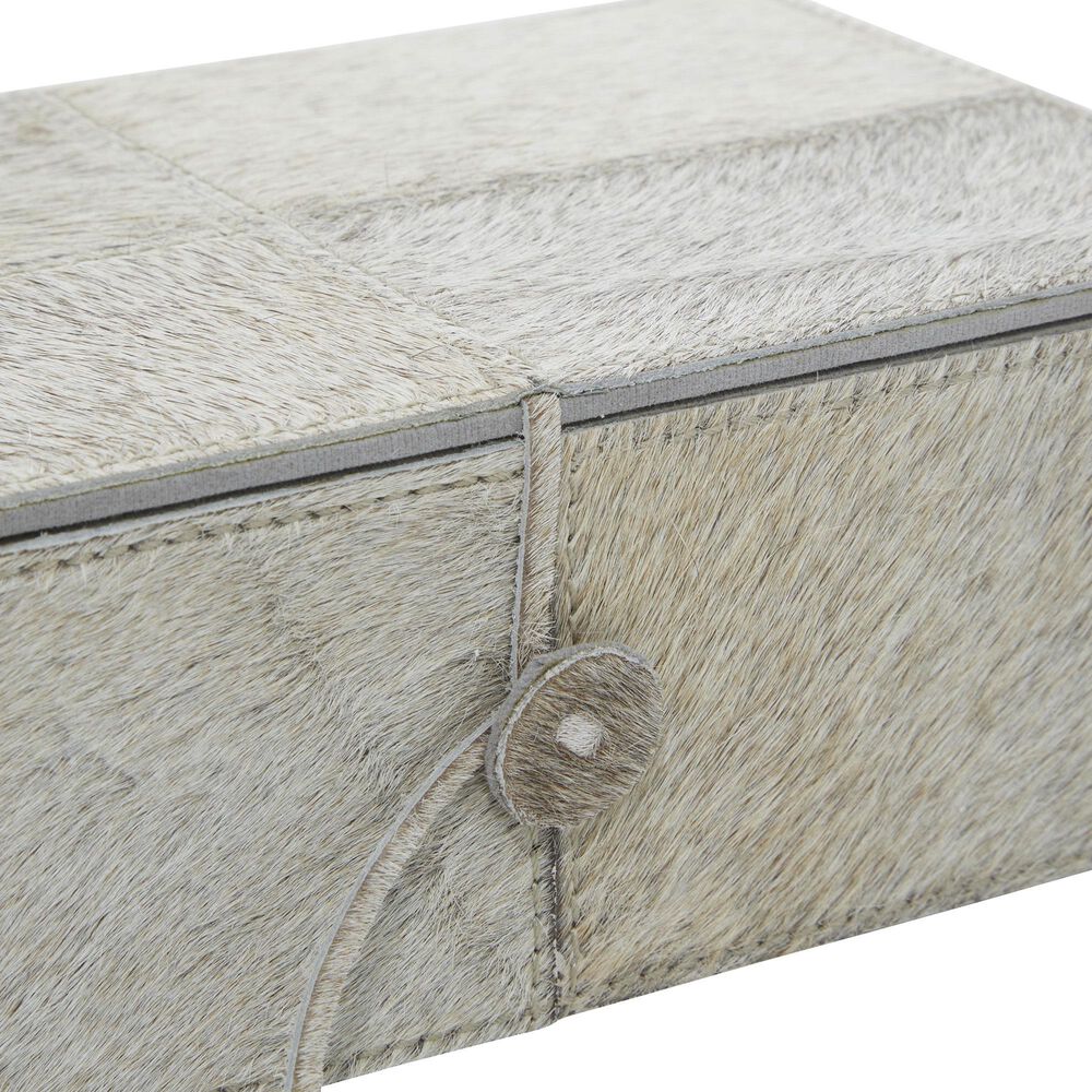 Maple and Jade 2-Piece Handmade Cowhide Decorative Box Set with Leather Loop Closure in Gray and White, , large