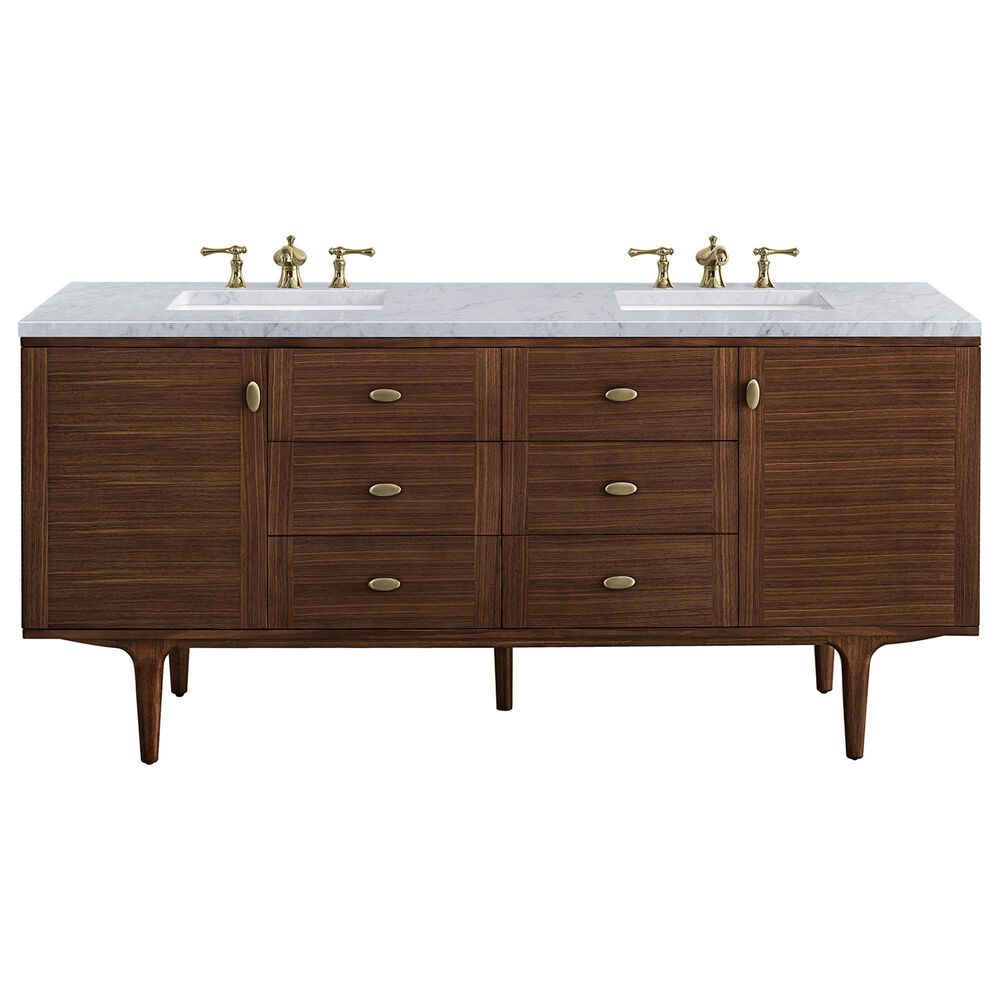 James Martin Vanities Amberly 72" Double Bathroom Vanity in Walnut with 3 cm Carrara White Marble Top and Rectangular Sinks, , large