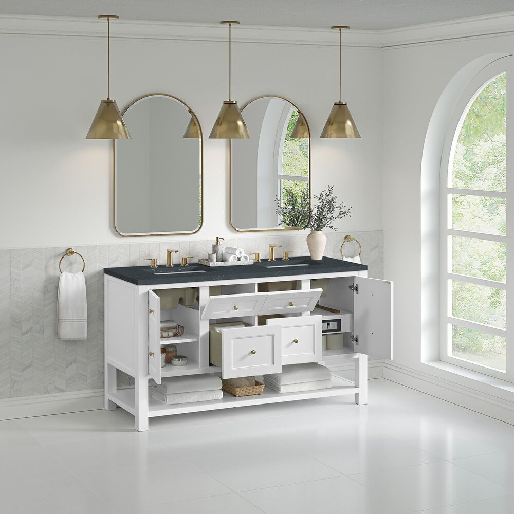 James Martin Vanities Breckenridge 60&quot; Double Bathroom Vanity in Bright White with 3 cm Charcoal Soapstone Quartz Top and Rectangular Sinks, , large