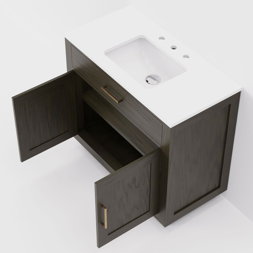 Lexora Home Abbey 36&quot; Single Bathroom Vanity in Brown Oak with 2 cm White Quartz Top and Rectangular Sink, , large