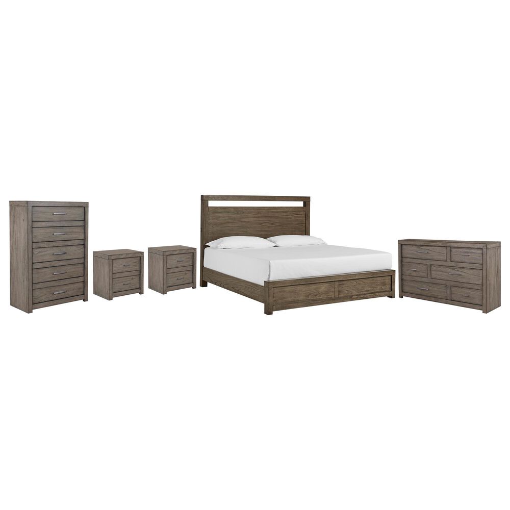 Riva Ridge Modern Loft King Panel Bed with Dresser, Chest, and Two Nightstands in Greystone, , large