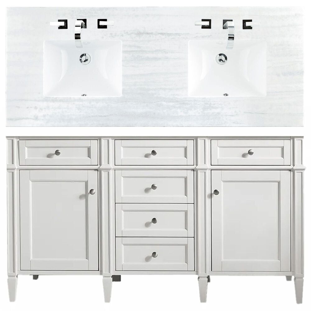 James Martin Vanities Brittany 60" Double Bathroom Vanity in Bright White with 3 cm Arctic Fall Solid Surface Top, , large