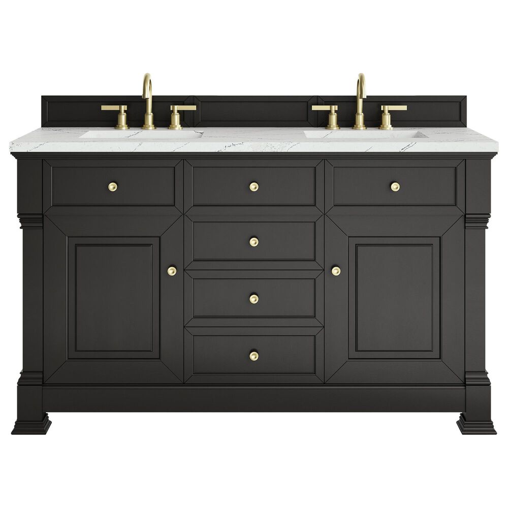 James Martin Vanities Brookfield 60&quot; Double Bathroom Vanity in Black Onyx with 3 cm Ethereal Noctis Quartz Top and Rectangular Sinks, , large