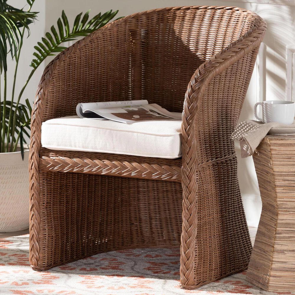 Baxton Studio Memphis Arm Chair with Peanut Brown Rattan in White, , large
