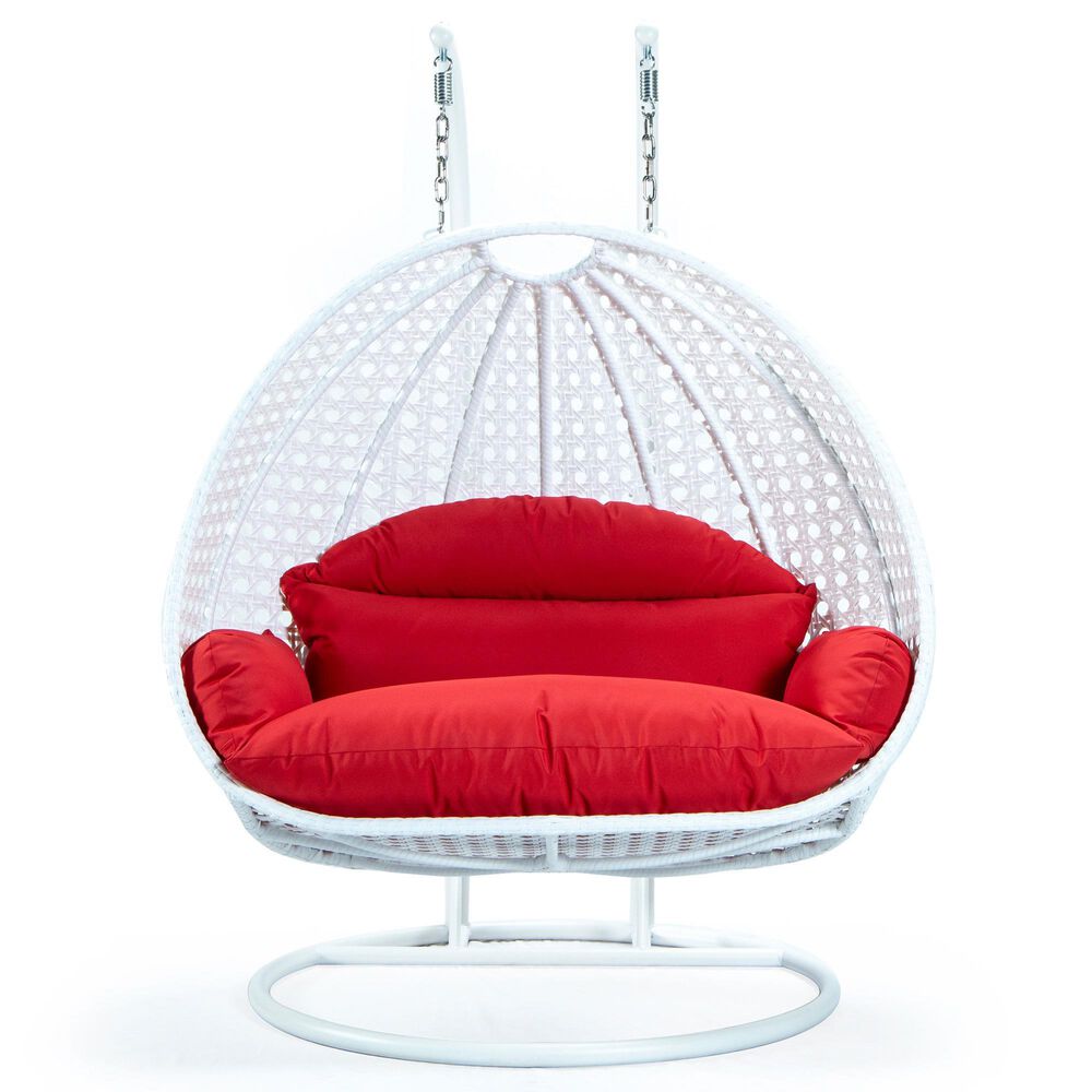Leisuremod 2-Seat Hanging Egg Swing Chair with Red Cushion in White, , large