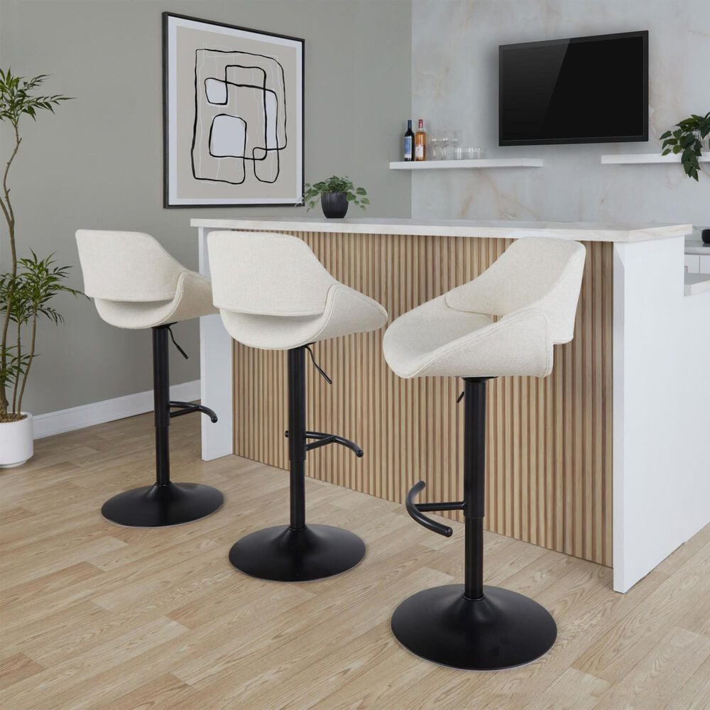 LumiSource Fabrico Swivel Adjustable Bar Stool with Cream Noise Fabric Upholstery and Rounded T Footrest in Black (Set of 2), , large