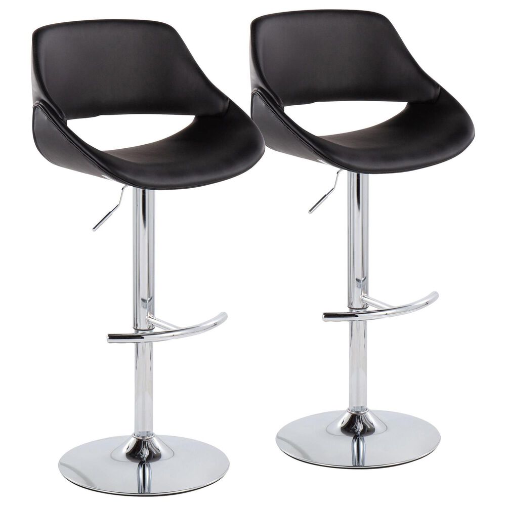 LumiSource Fabrico Swivel Adjustable Bar Stool with Black Faux Leather Upholstery and Rounded T Footrest in Chrome (Set of 2), , large