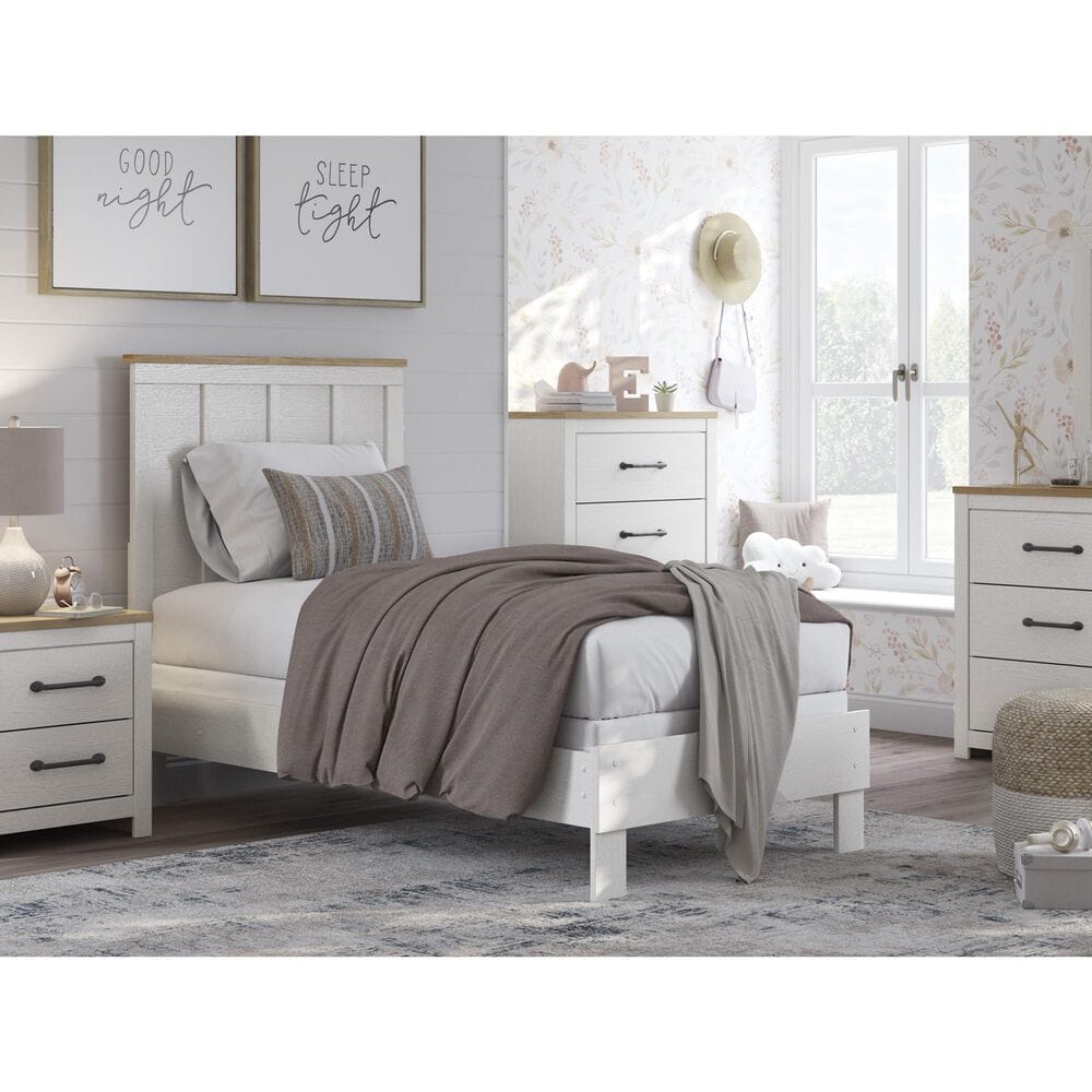 Ashley Linnocreek Twin Panel Bed in White and Warm Brown, , large