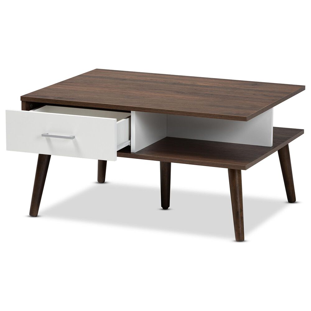 Baxton Studio Merlin 2Drawer Coffee Table in White and Walnut NFM