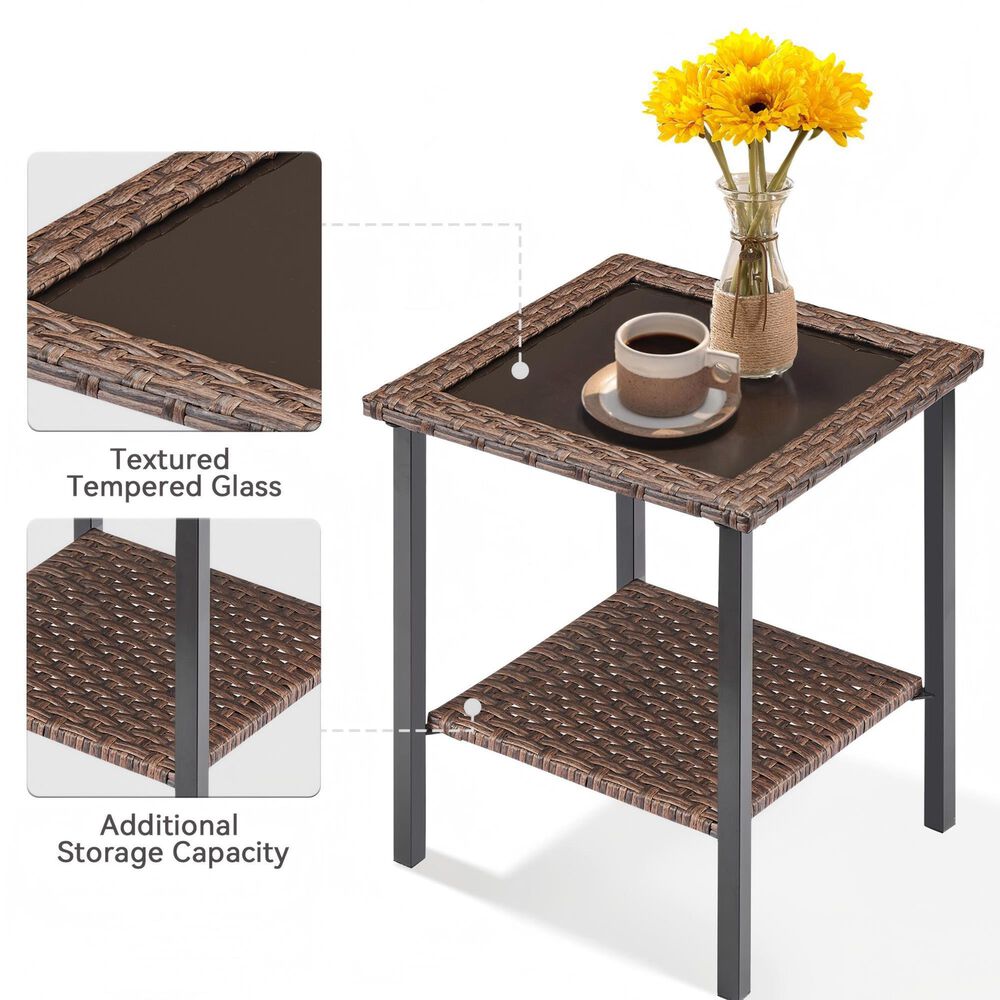 Sunwell Garden 18" Patio Square Side Table with Glass Top in Brown, , large