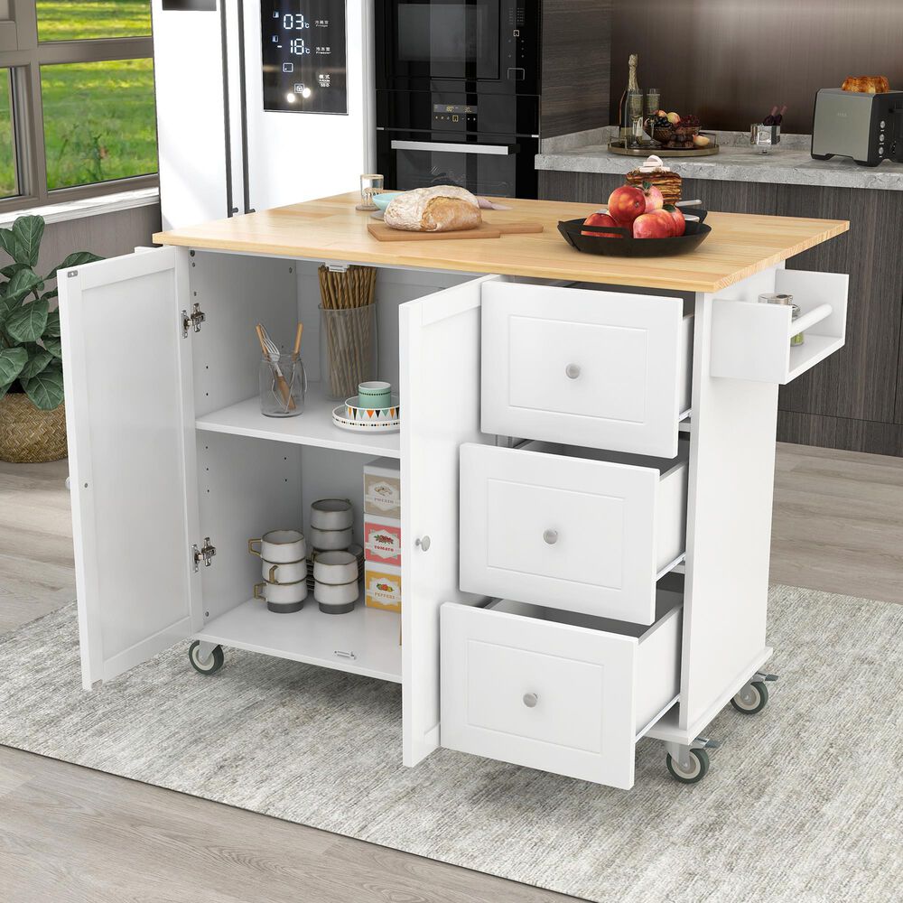 HOMLUX 53" Rolling Mobile Kitchen Island with Solid Wood Top and Locking Wheels in White, , large