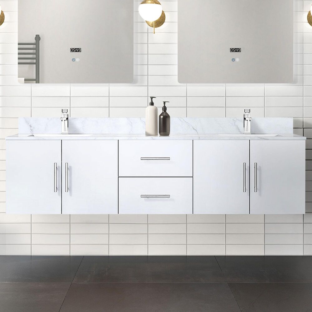 Lexora Home Geneva 72&quot; Double Bathroom Vanity in Glossy White with 2 cm White Carrara Marble Top and Rectangular Sinks, , large
