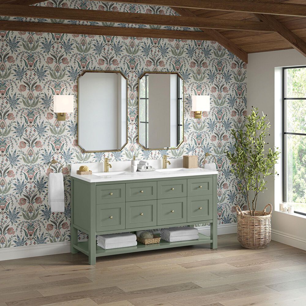James Martin Vanities Breckenridge 60&quot; Double Bathroom Vanity in Smokey Celadon with Single Hole 3 cm White Zeus Quartz Top and Rectangular Sinks, , large