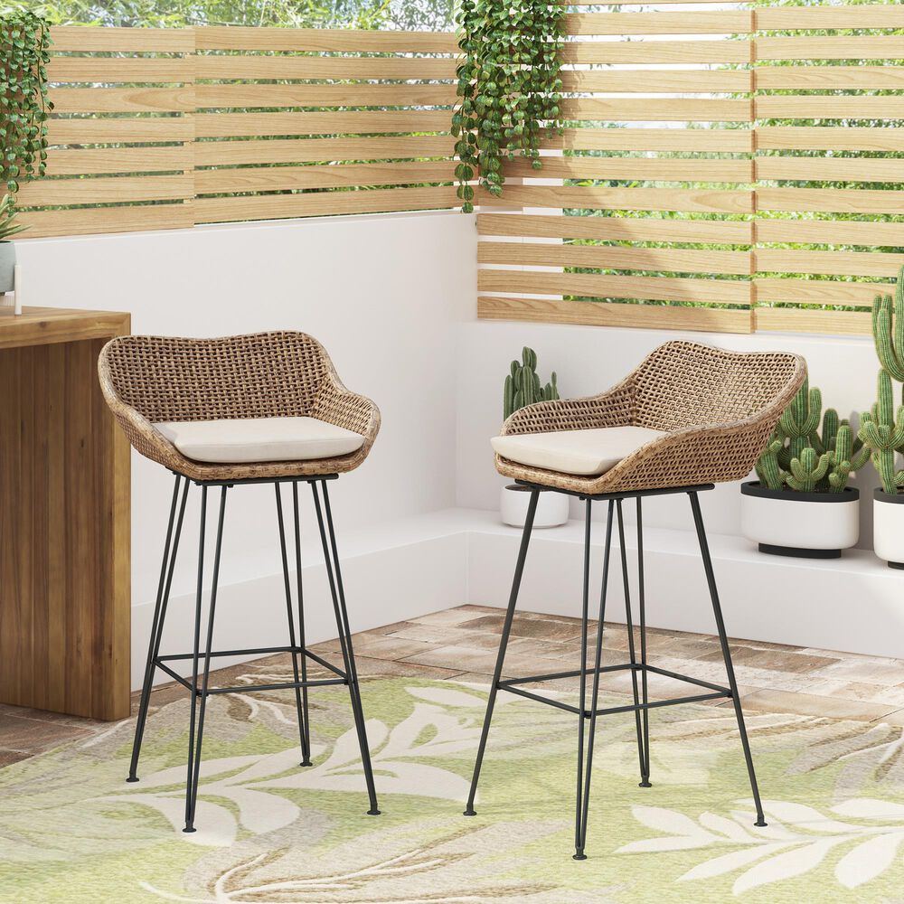 Hearth and Haven Outdoor Wicker and Iron Bar Stool in Beige &#40;Set of 2&#41;, , large