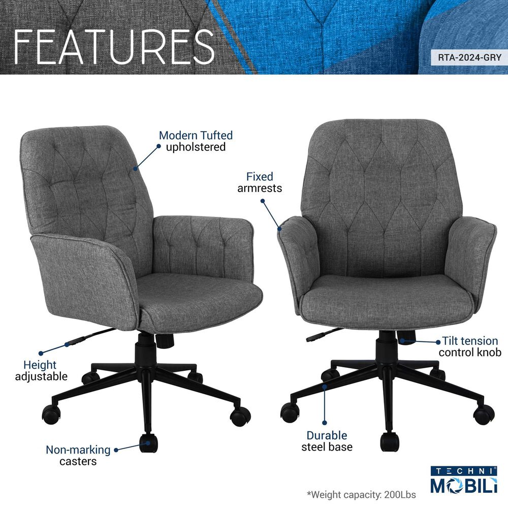 Rta Products Llc Modern Upholstered Tufted Office Chair with Arms in Grey, , large