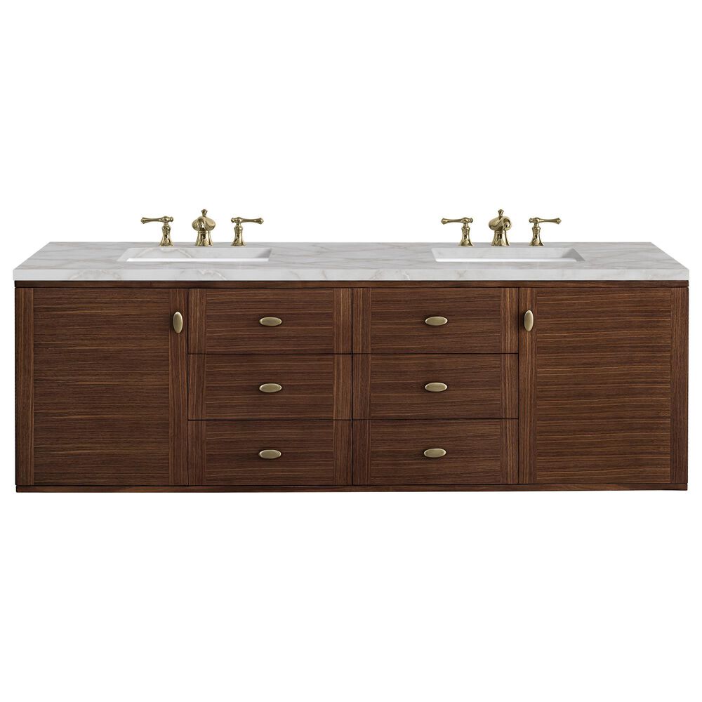 James Martin Vanities Amberly 72" Double Bathroom Vanity in Mid-Century Walnut with 3 cm Eternal Jasmine Pearl Silestone Top, Rectangular Sinks and FreePower Wireless Charger, , large