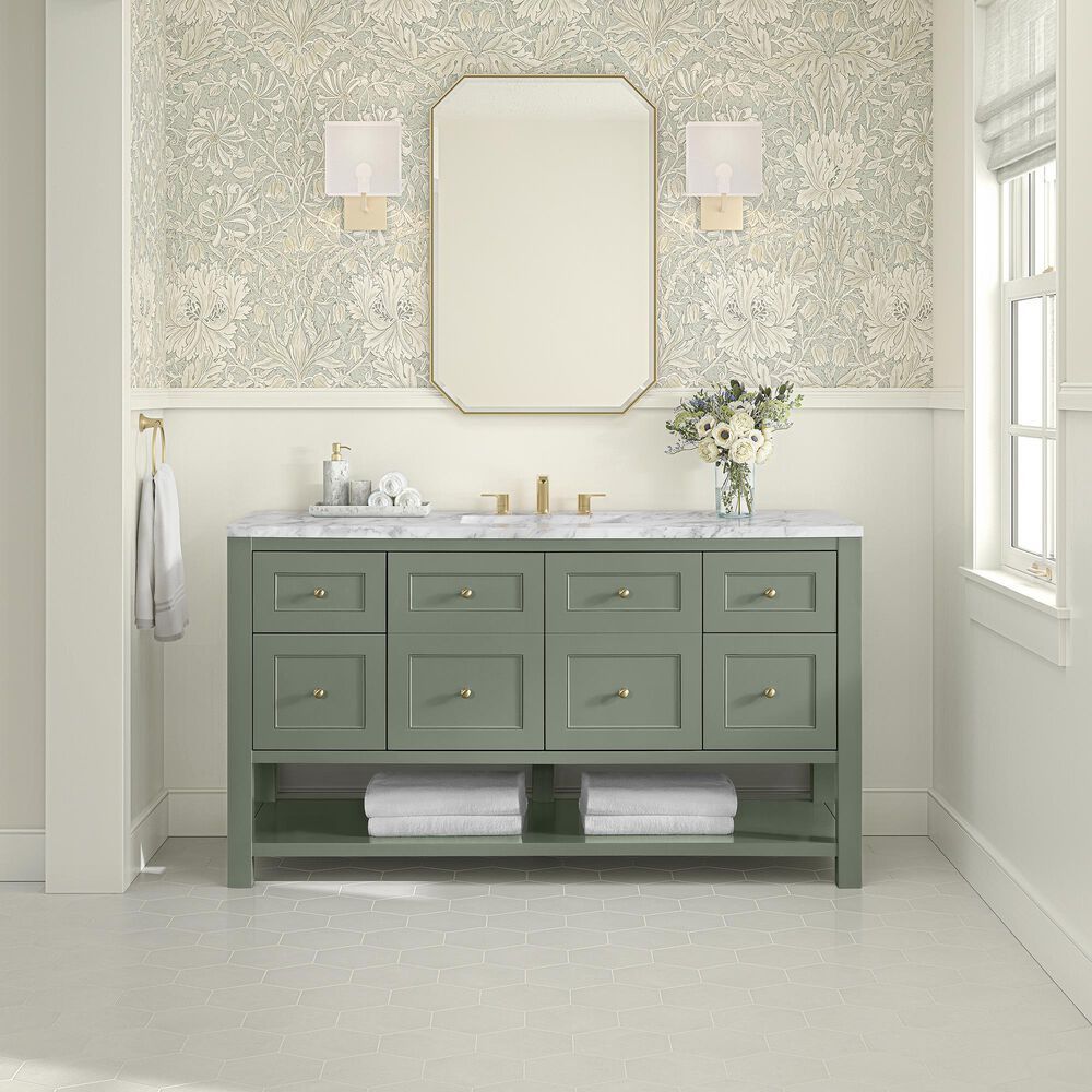 James Martin Vanities Breckenridge 60&quot; Single Bathroom Vanity in Smokey Celadon with 3 cm Carrara White Marble Top and Rectangular Sink, , large