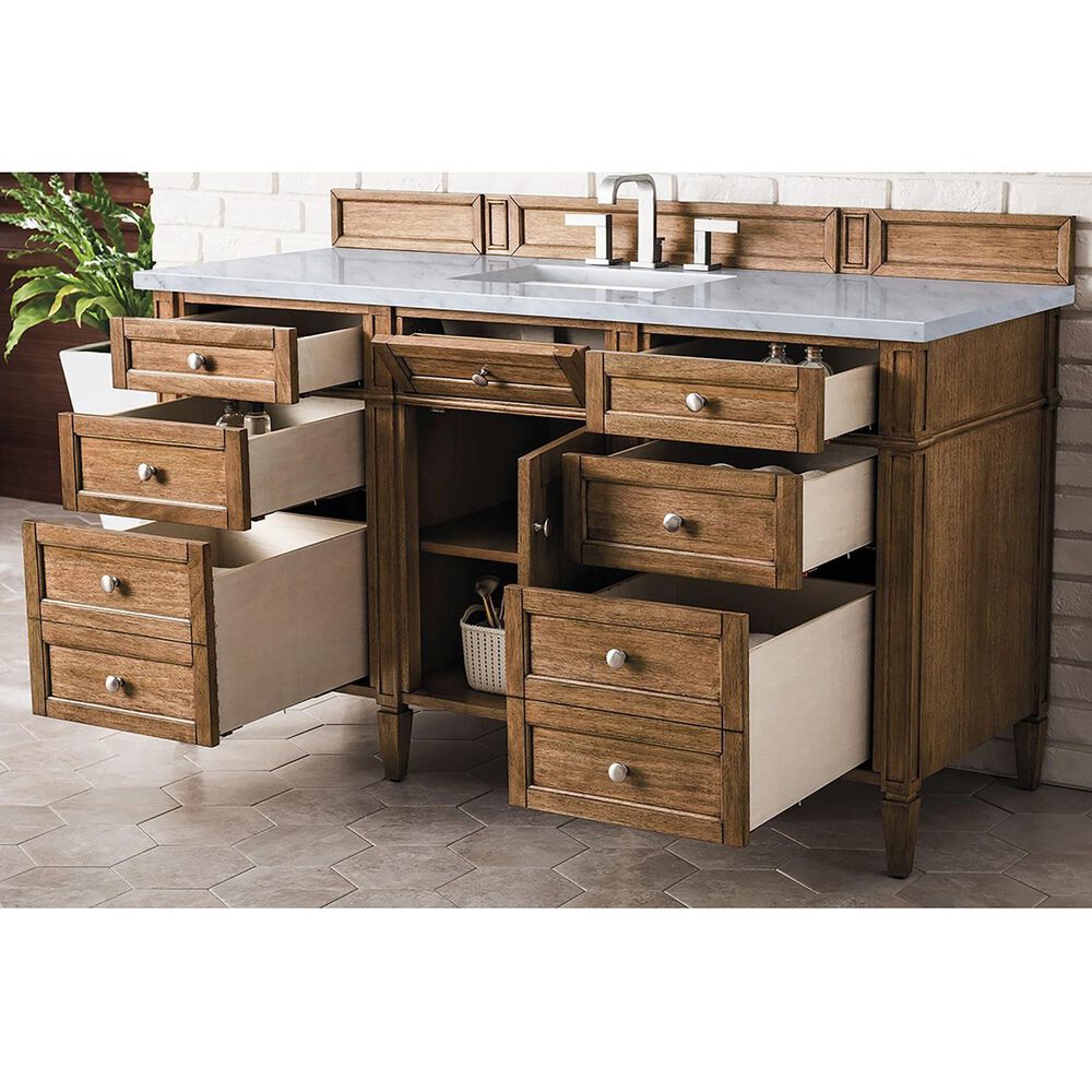 James Martin Vanities Brittany 60&quot; Single Bathroom Vanity in Saddle Brown with 3 cm Carrara White Marble Top and Rectangular Sink, , large