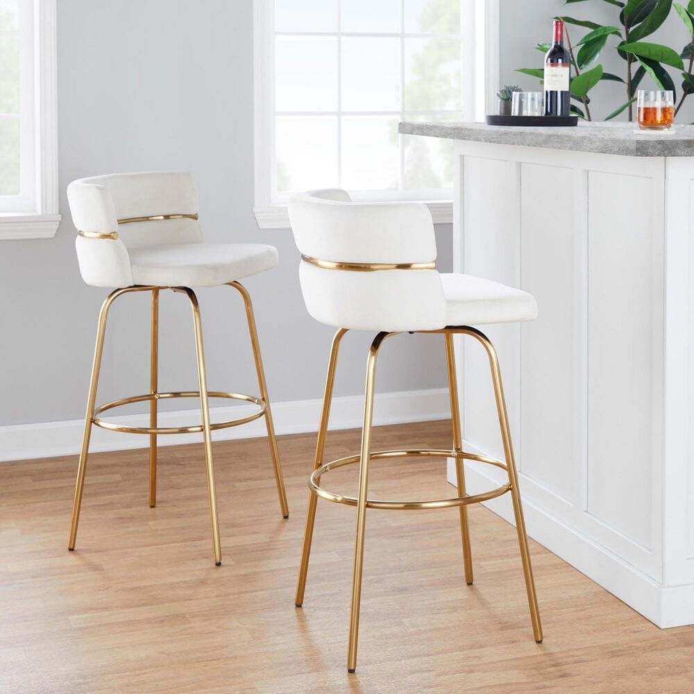 LumiSource Cinch 30" Swivel Barstool with Cream Upholstery in Gold (Set of 2), , large