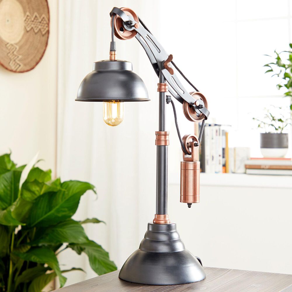 Maple and Jade Industrial Table Lamp in Shiny Black and Copper, , large