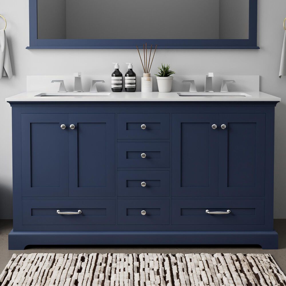 Lexora Home Dukes 60" Double Bathroom Vanity in Navy Blue with 2 cm White Quartz Top and Rectangular Sinks, , large