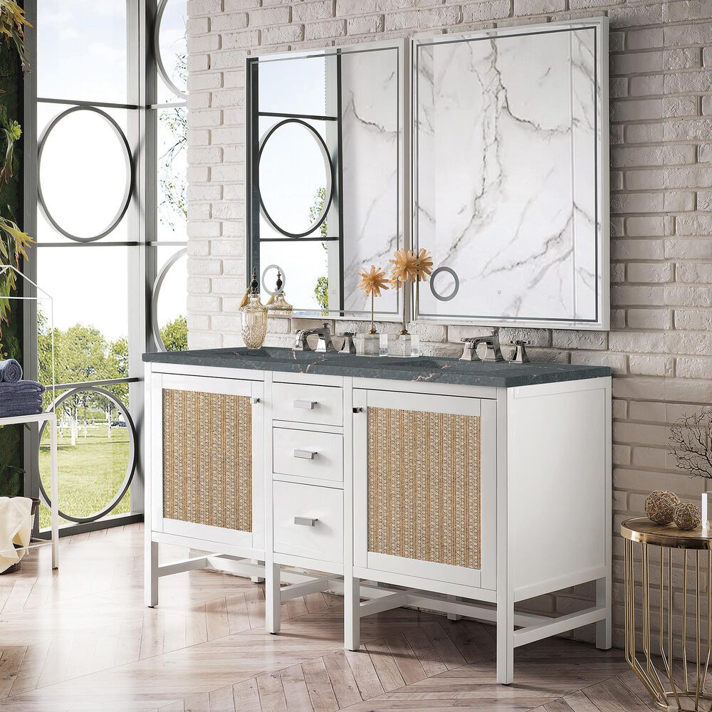 James Martin Vanities Addison 60&quot; Double Bathroom Vanity in Glossy White with 3 cm Parisien Bleu Quartz Top and Rectangular Sinks, , large