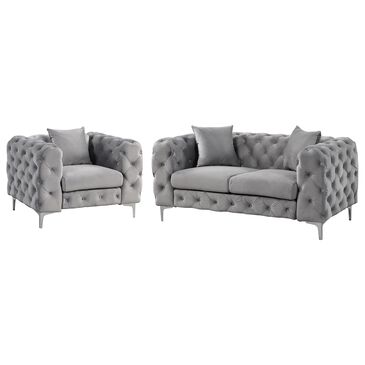 Morden Fort Chair and Loveseat with Deep Button Tufted in Silver Grey Velvet, , large