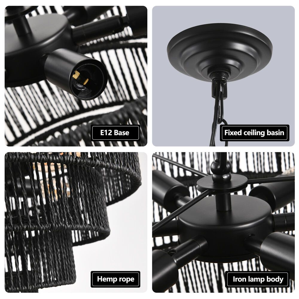 Hearth and Haven 8-Light 5-Layer Rattan Chandelier in Black, , large