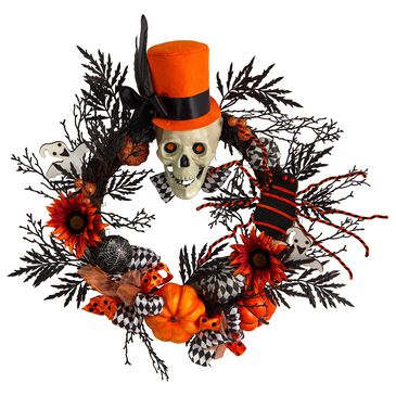Nearly Natural Inc 30" Spider and Skull with Top Hat Wreath in Orange, , large