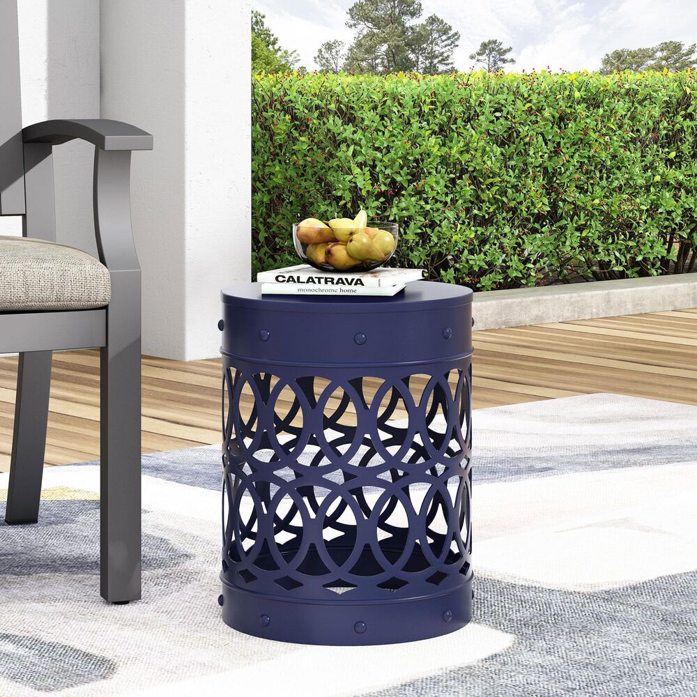 Hearth and Haven Large Cylindrical-Shaped Iron Patio End Table in Navy Blue, , large