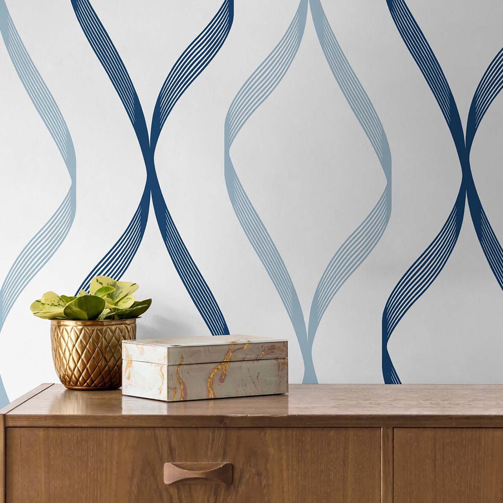 NextWall Ogee Ribbon 216&quot; x 20.5&quot; Peel and Stick Wallpaper in Celtic Blue and Dewdrop, , large