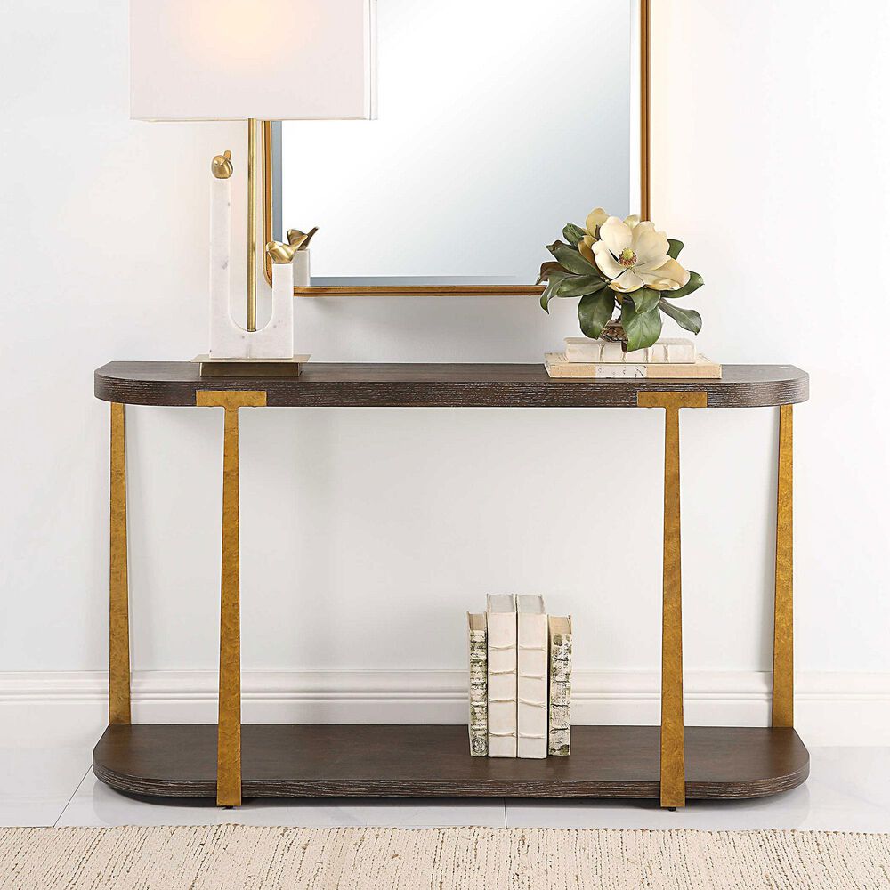 Uttermost Palisade Console Table in Coffee Oak and Antique Gold, , large