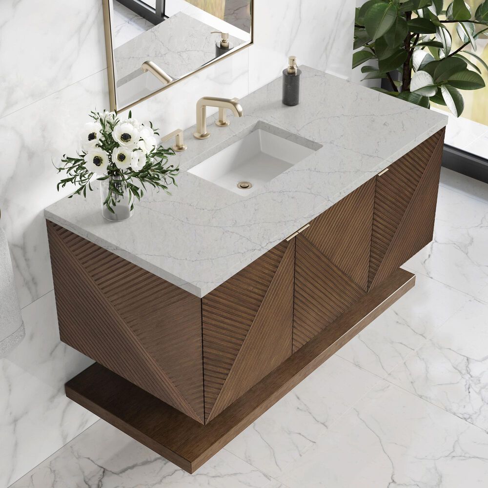 James Martin Vanities Marcello 48" Single Bathroom Vanity in Chestnut with 3 cm Eternal Jasmine Pearl Quartz Top, Rectangular Sink and FreePower Wireless Charger, , large