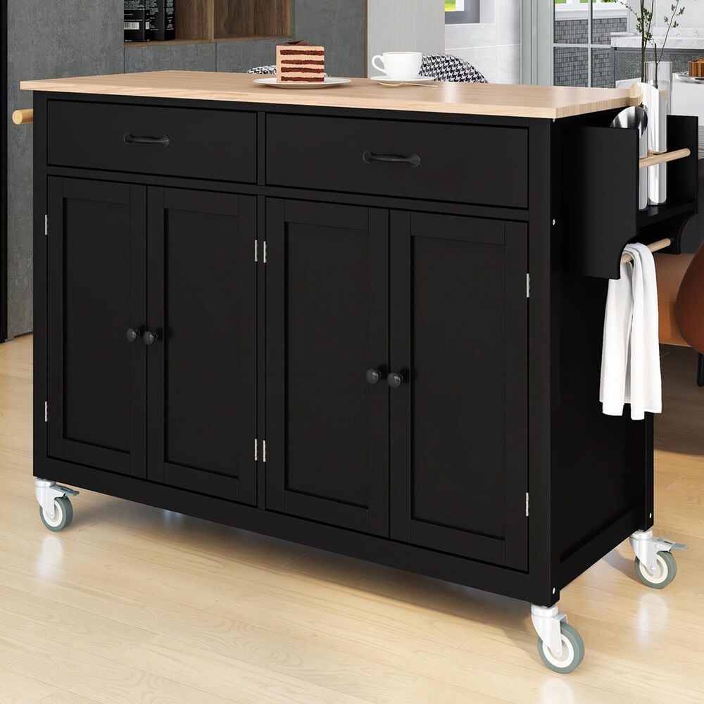 HOMLUX 54" Kitchen Island Cart with Solid Wood Top and Locking Wheels in Black, , large