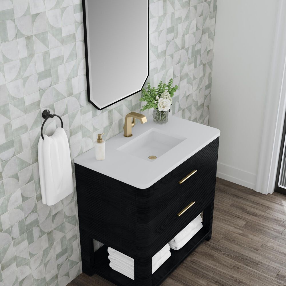 James Martin Vanities Lucian 36&quot; Single Vanity in Carbon Oak with 3 cm White Zeus Quartz Top, , large